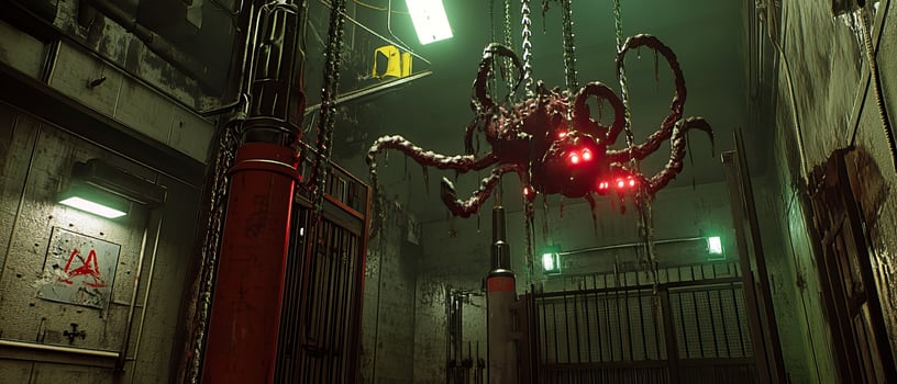 Creature hangs in dark urban corridor photo