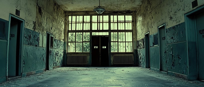 Decaying hallway, derelict building, overgrown trees outside, film backdrop photo