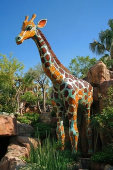 Vivid mosaic giraffe stands tall among lush greenery in imaginative animal kingdom setting photo