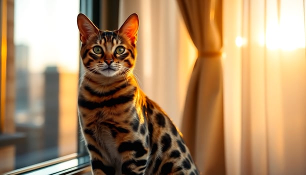 a bengal cat sitting on a window sill at sunset photo