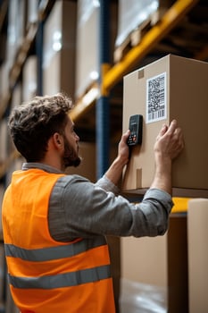 A warehouse worker in a high-visibility vest scans a barcode on a shipping box using a handheld device. Tall storage shelves and forklifts are visible in the background photo