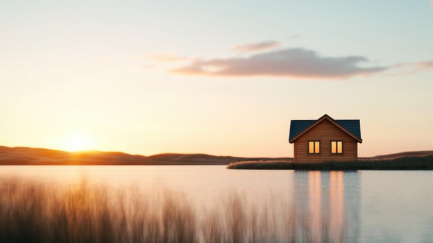 Serene sunset over tranquil lake house nature background photography peaceful environment wide angle view photo