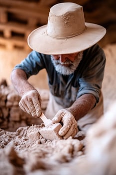An archaeologist wearing a wide-brimmed hat delicately brushes away sand from an ancient artifact in a desert excavation site. Ruins and digging tools softly blur in the background photo