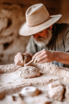 In a desert excavation site, an archaeologist in a wide-brimmed hat meticulously brushes sand from an ancient artifact. The surroundings include blurred ruins and digging tools photo