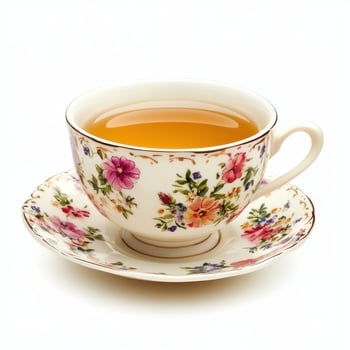 A delicate floral teacup filled with golden tea on a matching saucer. photo