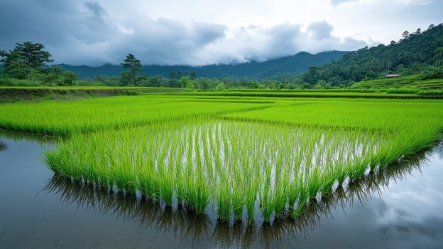 Lush green rice paddies reflecting in water, dramatic sky, mountains in background photo