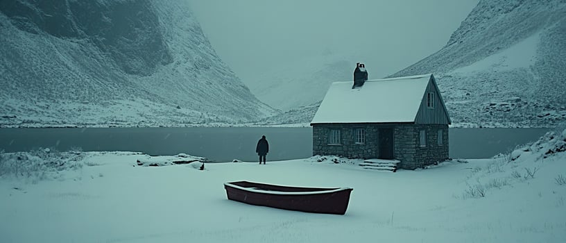 Solitary Figure by Snowy Lake House photo