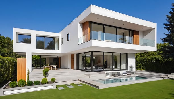Modern house design with large pool and large windows photo