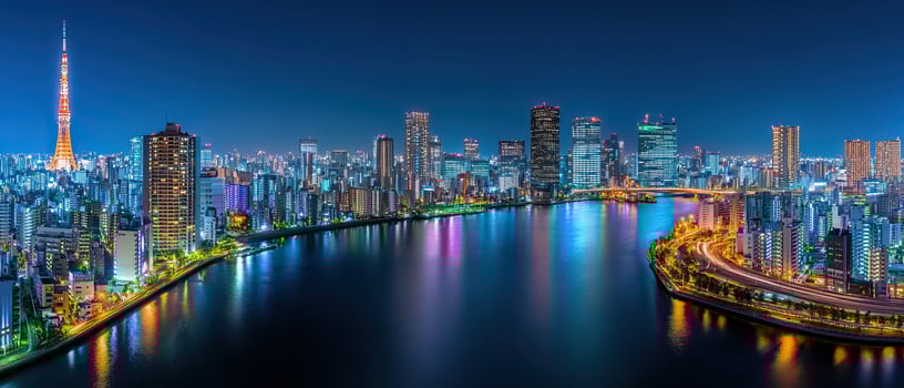Night city skyline, waterfront, bridge, reflection photo