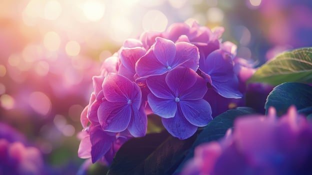 Vibrant hydrangea blossoms in sunlight, garden setting photo