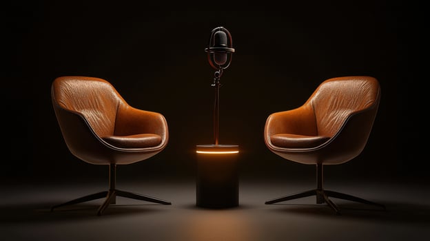 Modern podcast studio setup with microphone, two empty chairs, ready table, and circular neon light, small for recording photo