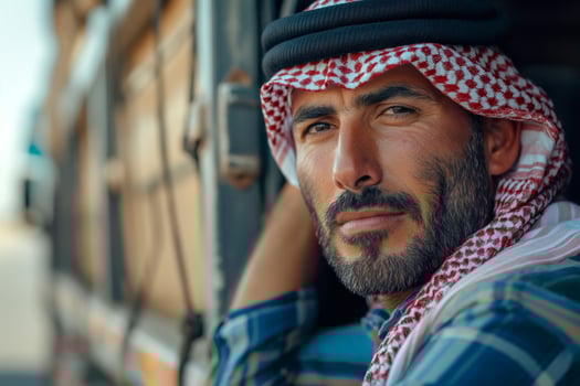 A Middle-Eastern man in traditional attire leans against a vehicle, exuding confidence and contemplation. photo