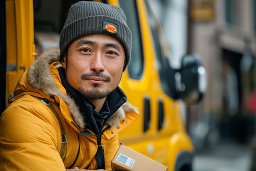 A male Asian courier in a stylish yellow winter jacket sits beside a delivery van, exuding confidence and professionalism. photo