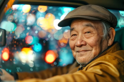 An elderly Asian man smiles warmly from the driver's seat, showcasing a joyful spirit against a backdrop of colorful city lights. photo