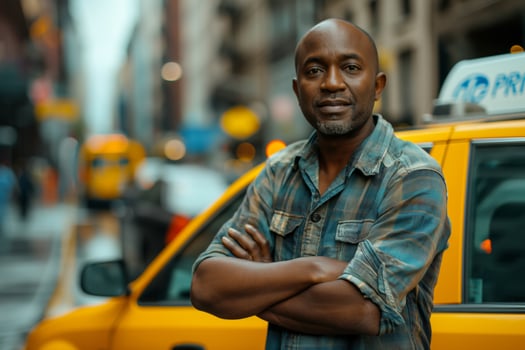 A confident Black man stands proudly by a yellow taxi, showcasing the hustle of city life. photo