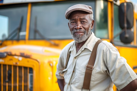 An elderly Black man with a gray beard, wearing a cap and suspenders, smiles confidently in front of a vintage yellow bus. photo