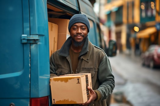 A young Black man in a beanie smiles while holding a box outside his delivery van, ready for his next delivery. photo