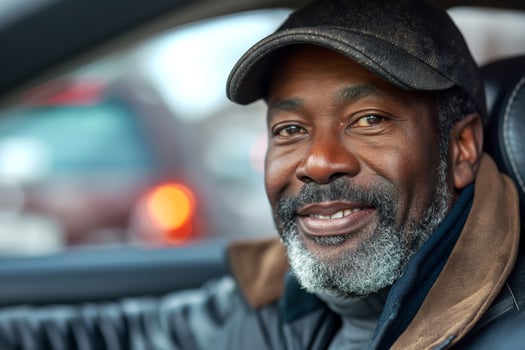 Smiling Black man in a cap sitting in a car, exuding warmth and approachability. photo