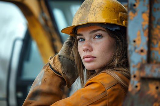 A young woman with freckles and long hair, wearing a yellow hard hat and work gloves, poses thoughtfully at a construction site. photo