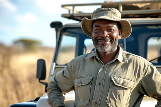 A joyful African man in a safari outfit smiles confidently in front of a rugged vehicle, embodying adventure and exploration. photo