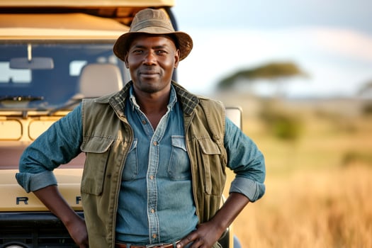 A confident Black male safari guide stands in front of a vehicle, showcasing the beauty of the savannah during golden hour. photo