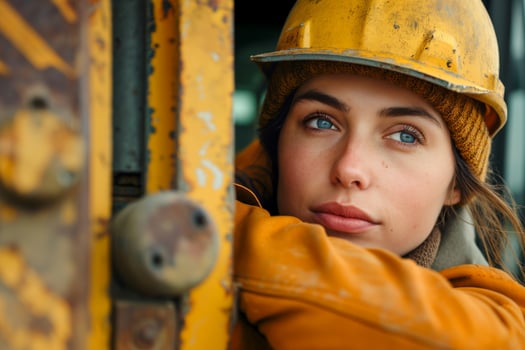 A young Caucasian woman in a hard hat and work gloves gazes thoughtfully from a construction site, showcasing determination and resilience. photo