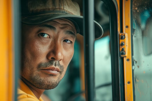 A focused Asian male driver, wearing a cap, gazes intensely from the window of a yellow vehicle, reflecting determination. photo