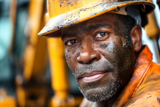 A male African American construction worker in a helmet, covered in dirt and grime, showcasing hard work and determination. photo