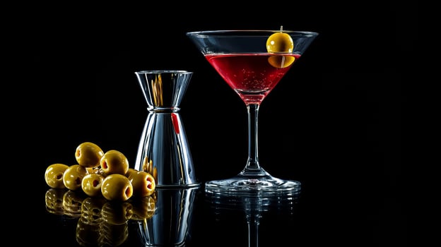 A chic martini drink with olive and lemon twist in a modern environment photo