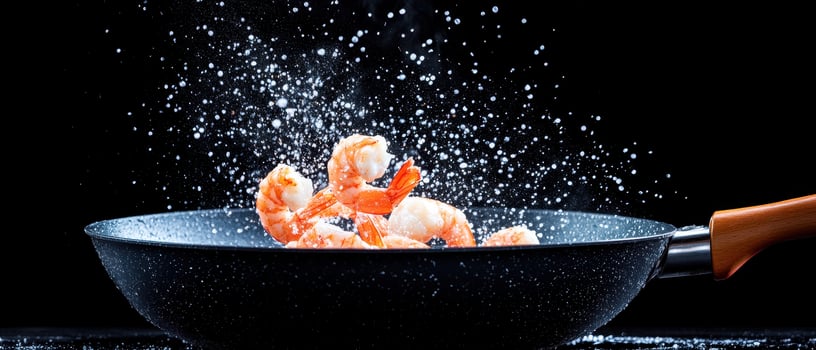 Close up of frying pan with shrimp splashing in motion, showcasing vibrant seafood and dynamic cooking action, creating exciting culinary scene photo