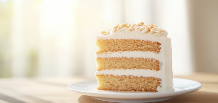 Delicious homemade cake on rustic plate, showcasing layers of fluffy sponge and creamy frosting, perfect for any celebration or dessert craving photo