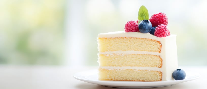 Delicious homemade cake slice on elegant plate, featuring layers of soft sponge, creamy frosting, and topped with fresh raspberries and blueberries, perfect for any occasion photo