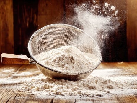 Flour being sifted in a rustic kitchen setting photo