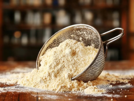 Flour being sifted on a wooden kitchen counter photo