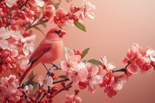 Cardinal perching on blossoming branch, soft pink backdrop highlighting seasonal awakening and natural elegance copy space photo