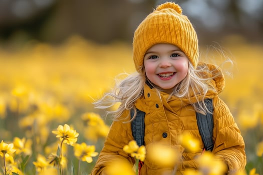Smiling kid playing among golden wildflowers, yellow meadow landscape capturing youthful joy during spring season copy space photo