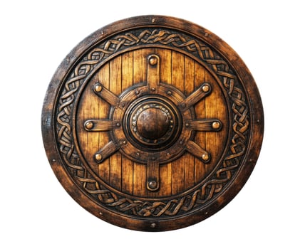 Detailed wooden shield with intricate patterns and metal accents photo