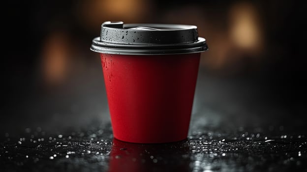 A striking red coffee cup sits on a glossy surface speckled with water droplets. The cozy ambiance hints at a rainy afternoon, inviting customers to enjoy their beverage. photo