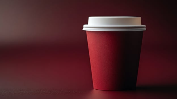 A red coffee cup with a white lid stands prominently against a smooth dark red background, evoking feelings of warmth and comfort typically found in a cafe. photo