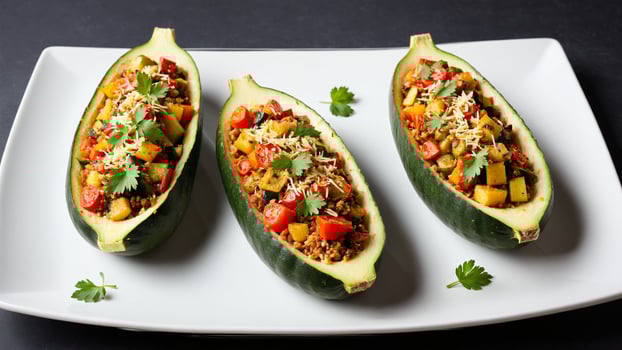 Three stuffed zucchini boats on a white plate photo