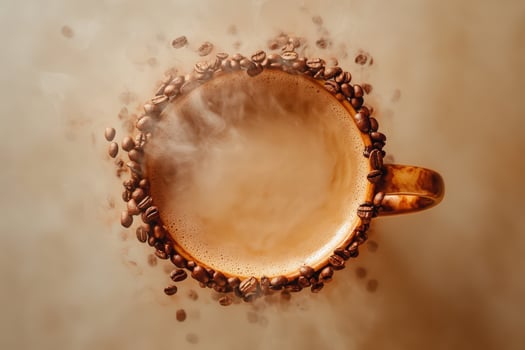 Steaming Coffee Cup Surrounded By Coffee Beans photo