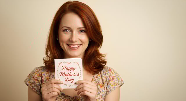Beaming woman holding a personalized Happy Mother's Day card, representing love, appreciation, and the beauty of motherhood photo
