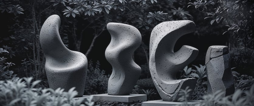 Three sculptures in a garden with trees and bushes photo