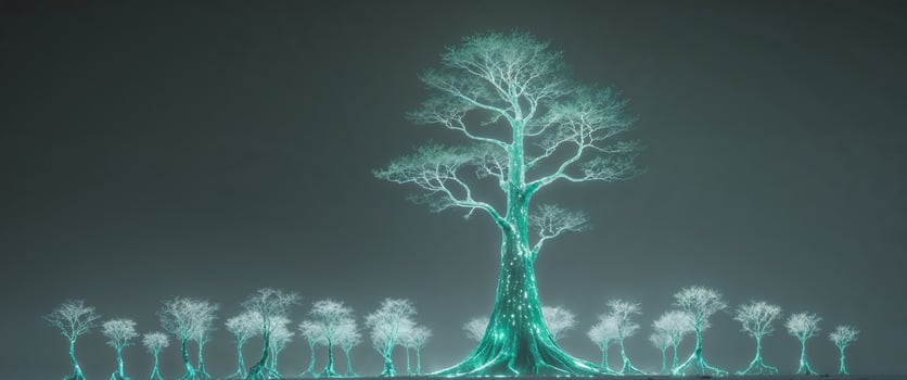 A large tree creature glowing and surrounded by other similar beings. photo