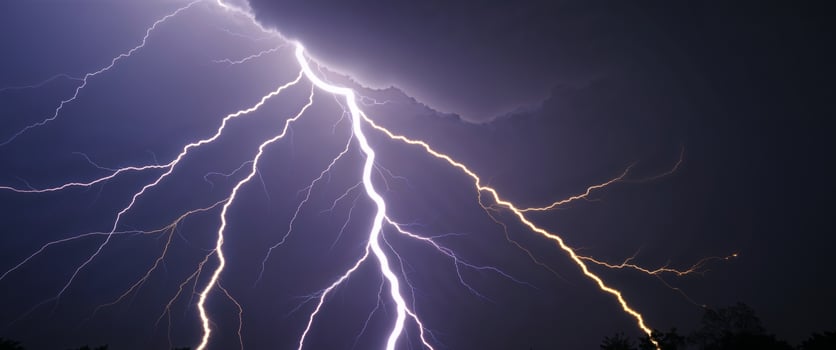 Lightning strikes over a dark sky with trees in the background photo