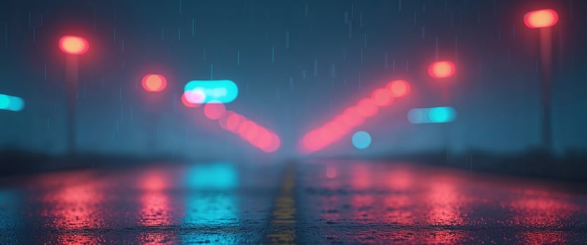 A blurry image of a wet road with a red and blue light in the background. photo