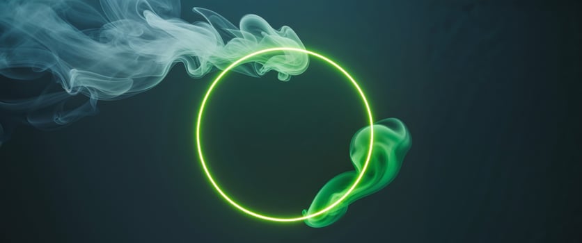neon green abstract circle with smoke on dark background Bird Eye View photo
