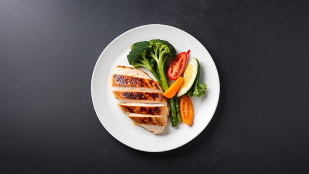 Grilled chicken breast with vegetables on a white plate photo