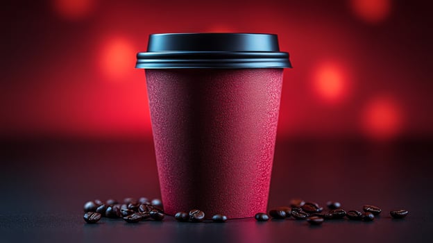 A cozy coffee cup sits on a dark surface surrounded by scattered coffee beans. The background is softly lit in red, creating a warm atmosphere, perfect for enjoying a hot beverage. photo