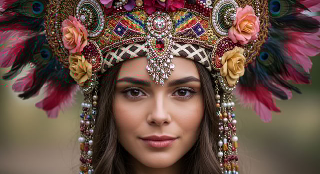 Portrait of a woman in a feathered carnival headdress photo